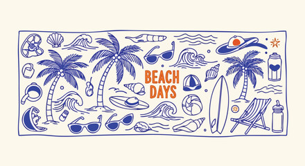Endless summer vibes with fun beach day doodles of surfboards, palm trees, and seashells © Elsa