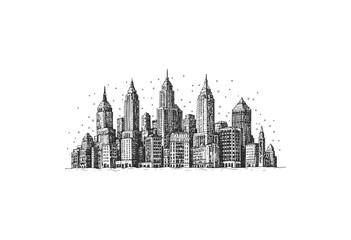 Naklejka premium Intricate black and white urban skyline drawing with skyscrapers and cityscape details - stock vector