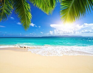 Tropical Beach Paradise Scene with Turquoise Ocean White Sand Palm Leaves and Bright Sunlight Under Blue Sky