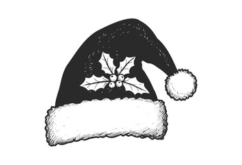 Black and white santa hat with holly leaves and berries illustration - stock vector