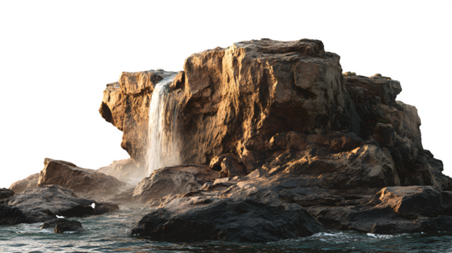 Rocky waterfall on black background isolated on white background