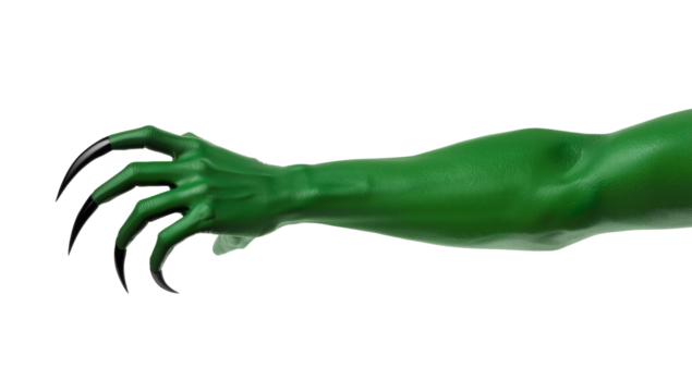 Green Monstrous Arm with Sharp Claws on Isolated Transparent Background for Fantasy Designs