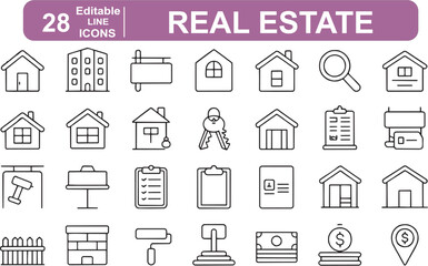 Real estate and property line icons set. Editable outline vector of house, building, rent, sale, mortgage, architecture, and construction symbols for web, app, and presentation.
