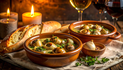 A romantic dinner setting featuring two bowls of escargots, crusty bread, lit candles, and glasses of red and white wine.