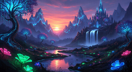 Beautiful fantasy landscape. Magical, fabulous neon glow.