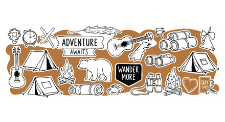 Camping and adventure doodles, perfect for travel blogs, outdoor lifestyle branding, and inspiring design