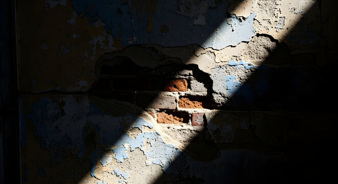 A dramatic beam of sunlight cuts across a dilapidated and weathered wall, revealing layers of peeling paint and exposed red brickwork