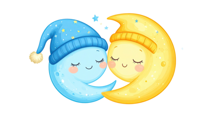 Two cartoon moons in sleeping caps embracing