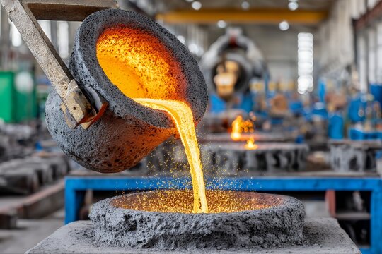 Molten metal pouring into mold in industrial foundry setting