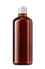 Amber glass bottle with a white cap.  Empty, rectangular shape.  Transparent amber liquid,  glossy finish.  Pharmaceutical or health-related product
