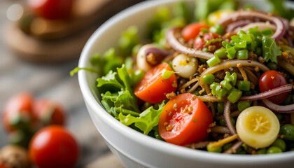 A close-up of a salad bowl, highlighting crisp greens, juicy tomatoes, and other colorful components.