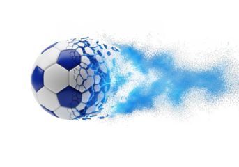 Soccer ball exploding into blue particles isolated on transparent background