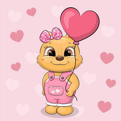 Cute cartoon Bear Girl with heart shaped balloon. Vector illustration of an animal on a pink background with hearts.