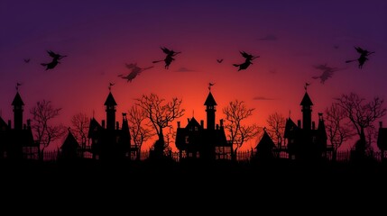 Fototapeta premium Halloween scene showing silhouettes of witches flying over haunted buildings at sunset