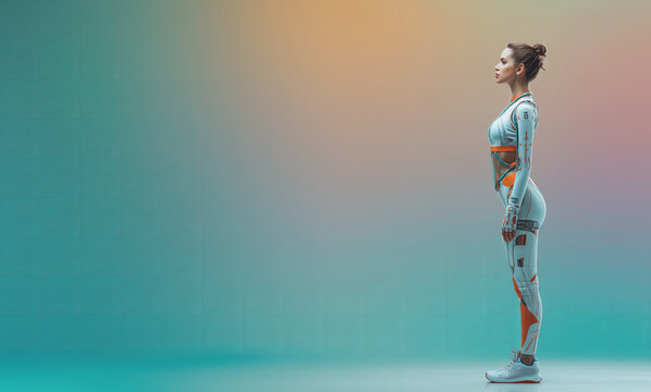 Futuristic athlete standing confidently against a vibrant gradient background, showcasing a cutting-edge athletic suit designed for high performance and style