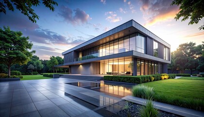 Modern House Exterior at Dusk with Reflective Stone Patio and Landscaped Lawn Under Cloudy Sky