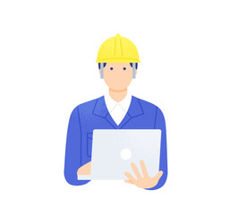 ノートパソコンを持って建設現場でデータを確認する男性技術者