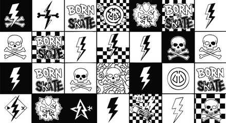 Edgy black and white skater art with skulls, lightning bolts, and Born to Skate design © Elsa