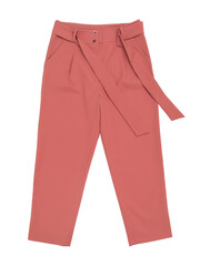 A top view of copper-colored women's trousers, isolated on a white background