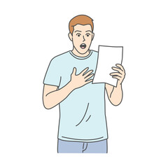 A surprised man reading a document with expressive emotion