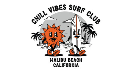 Retro cartoon sun and surfboard characters enjoying beach vibes at Malibu Surf Club