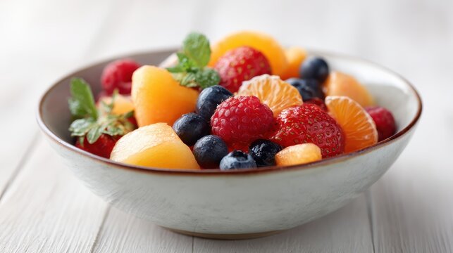Fresh fruit salad in ceramic bowl filled with colorful berries melon and citrus on white wooden table perfect for healthy lifestyle branding and nutrition campaign visuals