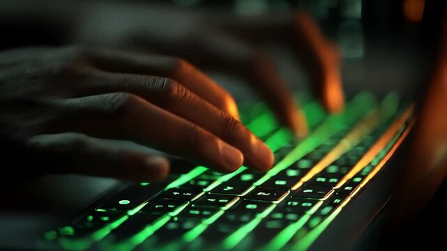 Hands typing on illuminated keyboard