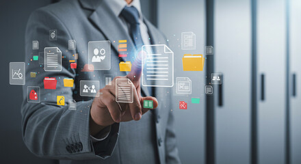 Professional businessman interacting with digital interface, managing data and documents for success