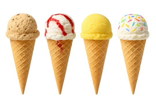 Transparent base with isolation, Four different ice cream cones, colorful flavors, decorative sauces, and an appetizing visual presentation with graphic rhythm, png.