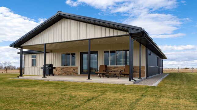 Modern barndominium house with metal siding, open porch and covered patio by rural lawn field
