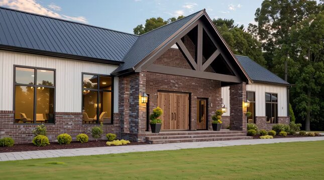 Modern farmhouse barndominium exterior with brick and metal roof, warm lights sunset, serene