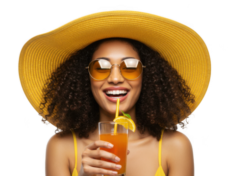 Woman with drink and yellow summer attire on transparent background - Powered by Adobe