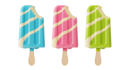 Transparent background, isolated, Diagonal striped three-color ice cream, dynamic with bite marks, fun and graphically strong summer theme, png.