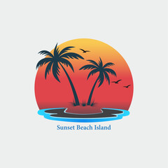 Obraz premium Sunset beach island logo, Tropical sunset over a small island with palm trees and birds