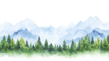 Fototapeta premium Serene watercolor landscape featuring mountains and lush green trees, evoking sense of tranquility and nature beauty
