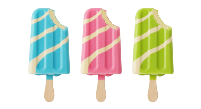 Transparent background, isolated, Diagonal striped three-color ice cream, dynamic with bite marks, fun and graphically strong summer theme, png.