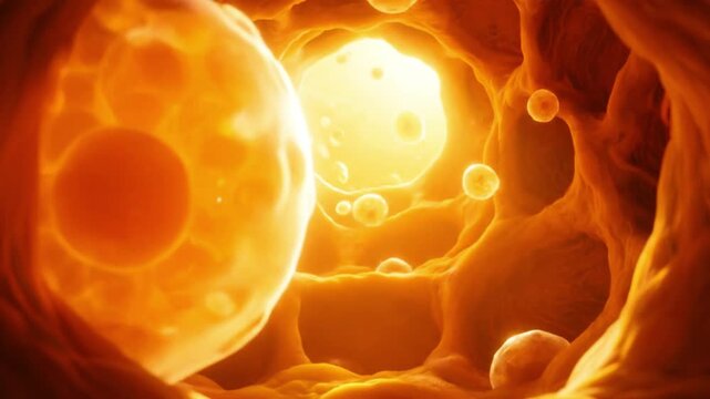 Microscopic view of active organic cells flowing through intricate biological tunnels in the human body Abstract 3D animation for health medical science and vit
