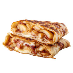 Two halves of a folded crepe, filled with sliced apples, bacon, and melted cheese.  The crepe is golden brown and has a slightly crispy texture