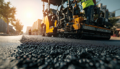 Asphalt Paving Machine Laying Fresh Road Surface at Construction Site