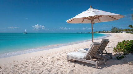 Tropical Beach Scene With White Umbrella And Chaise Lounges