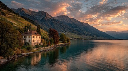 Lakeside chalet at dawn, mountain backdrop