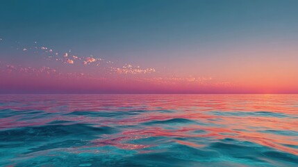 Gentle turquoise waves crash onto a sandy shore during a dreamy pink and purple sunset in a tranquil coastal landscape