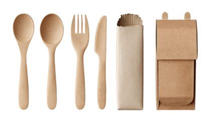 Eco-friendly wooden cutlery set in a kraft paper wrap