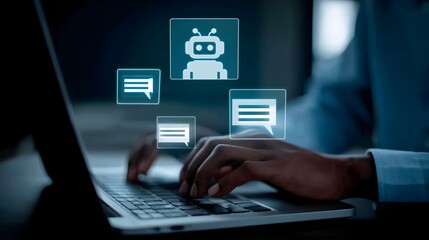 Close up of hands typing on laptop with chatbot interface showing digital conversation bubbles in futuristic AI environment