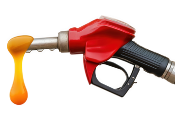 Fuel nozzle with a drop of gasoline isolated on transparent background, symbolizing energy, transportation, and the petroleum industrys role in modern society