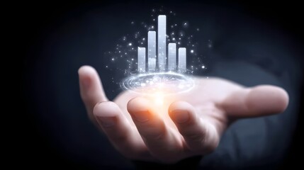 Hand projecting futuristic holographic bar chart showing digital business growth, analytics and financial success