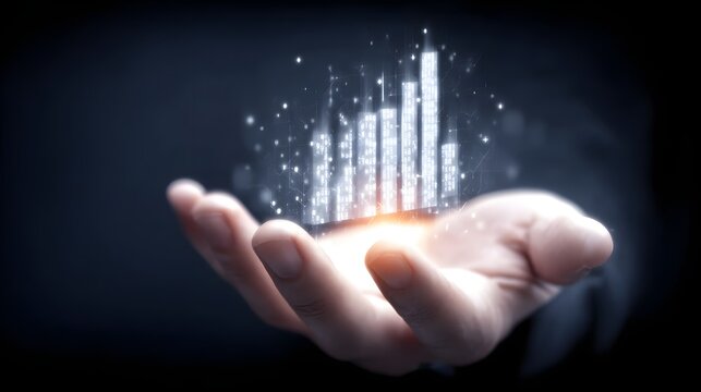 Hand holding glowing holographic bar chart symbolizing data growth, futuristic analytics and digital business success