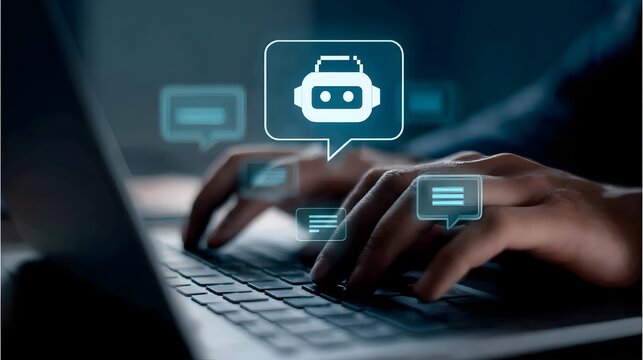 Hands typing on laptop while communicating with chatbot through AI-generated speech bubbles in a digital interface