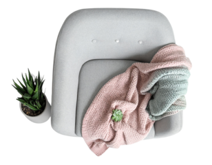  Minimalist Armchair with Knitted Blanket and Succulent Plant, Top-Down Flat Lay, isolated on transparent background.