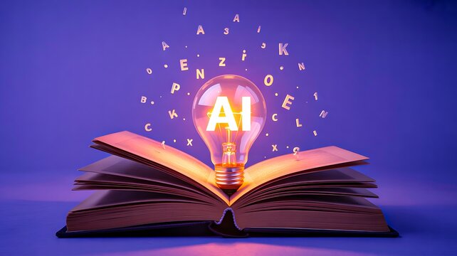 Glowing AI light bulb inside open book education technology concept  
